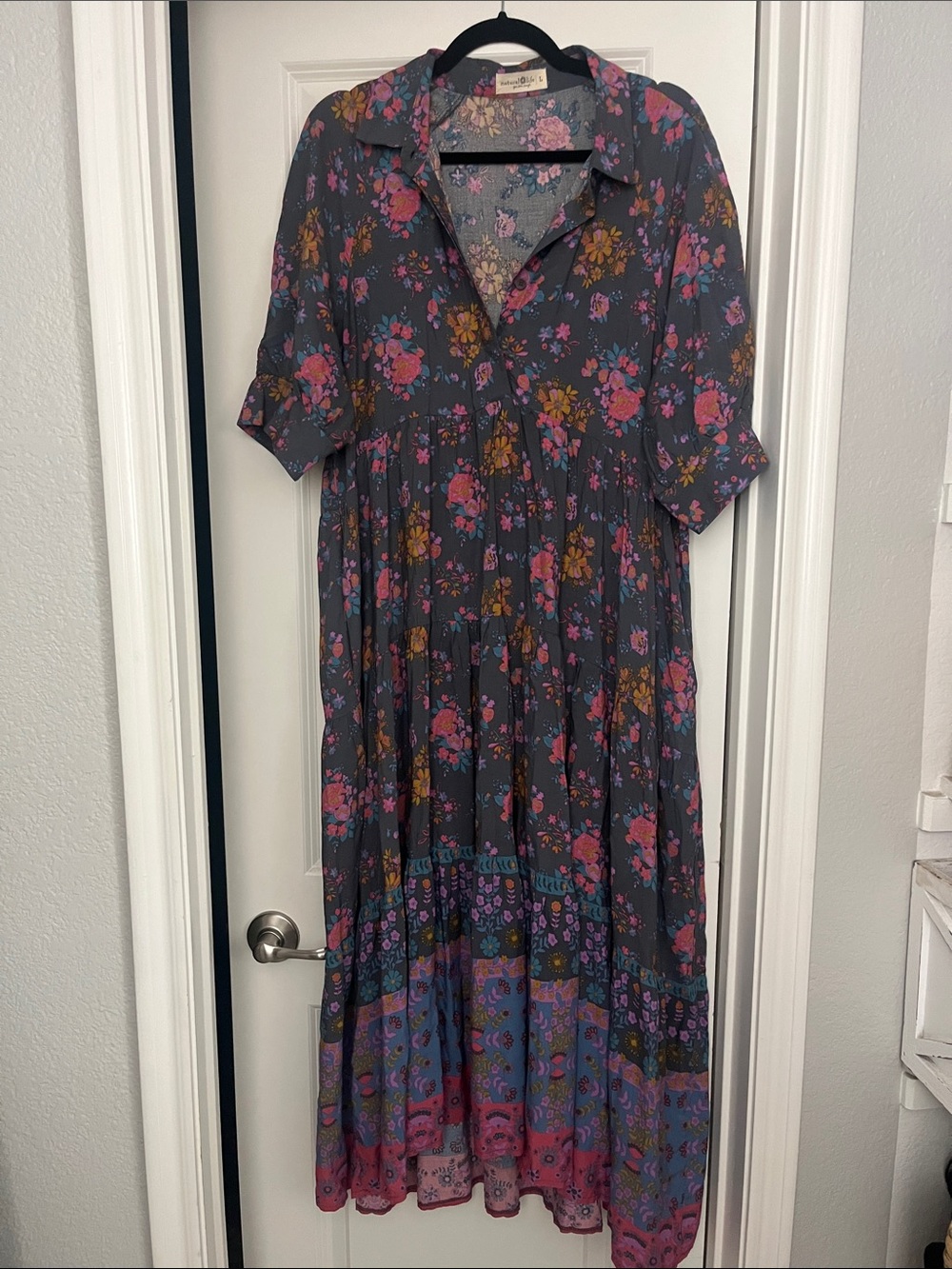 NATURAL LIFE Gray Floral Maxi Dress with Pink & Mustard Accents